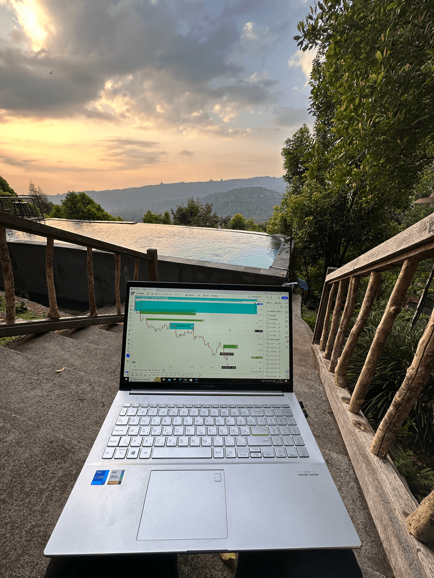 Laptop displaying a stock chart outdoors near an infinity pool, with a scenic mountain view at sunset.
