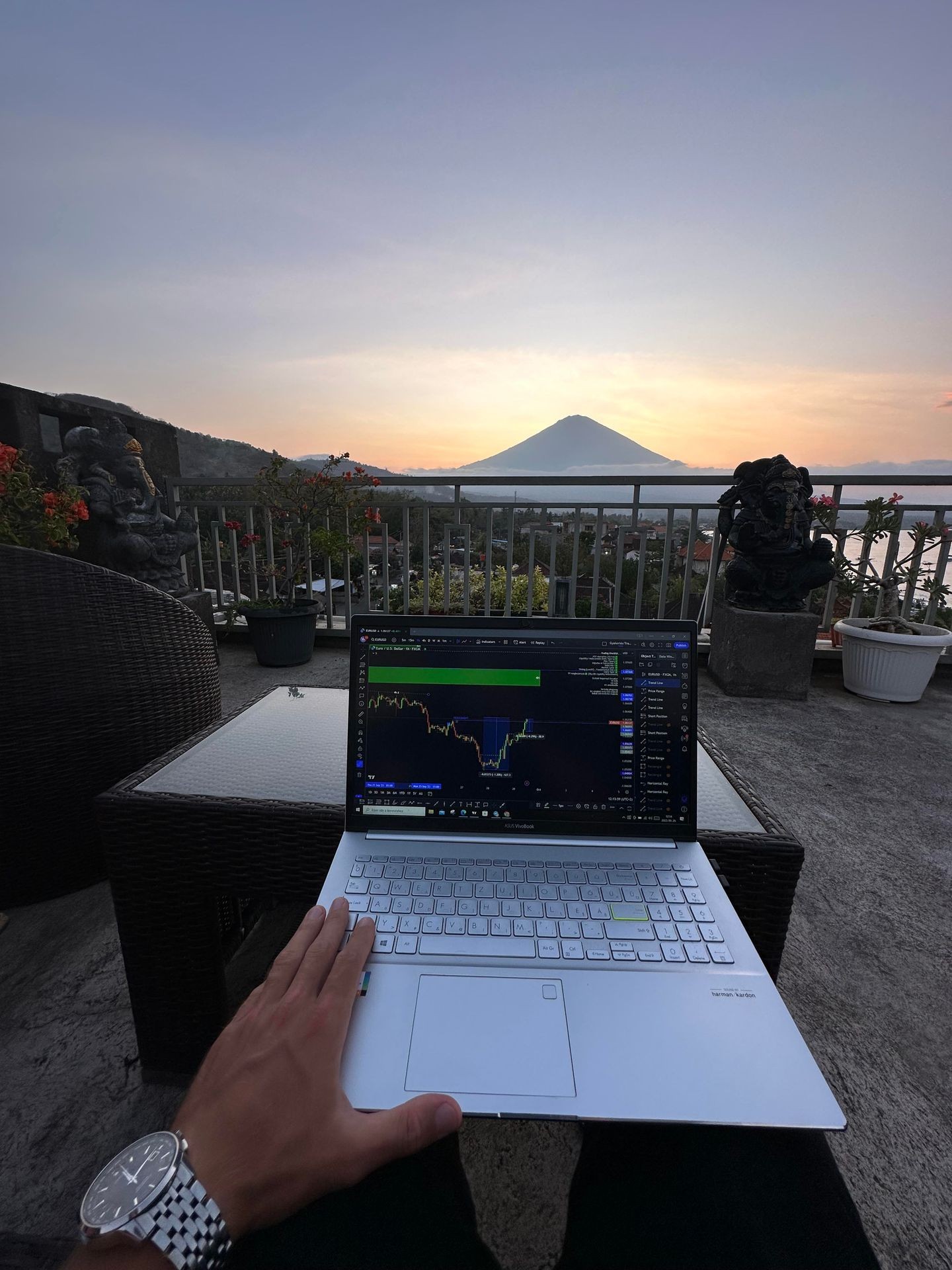 Person using a laptop displaying stock market charts on a terrace with a mountain view at sunset.
